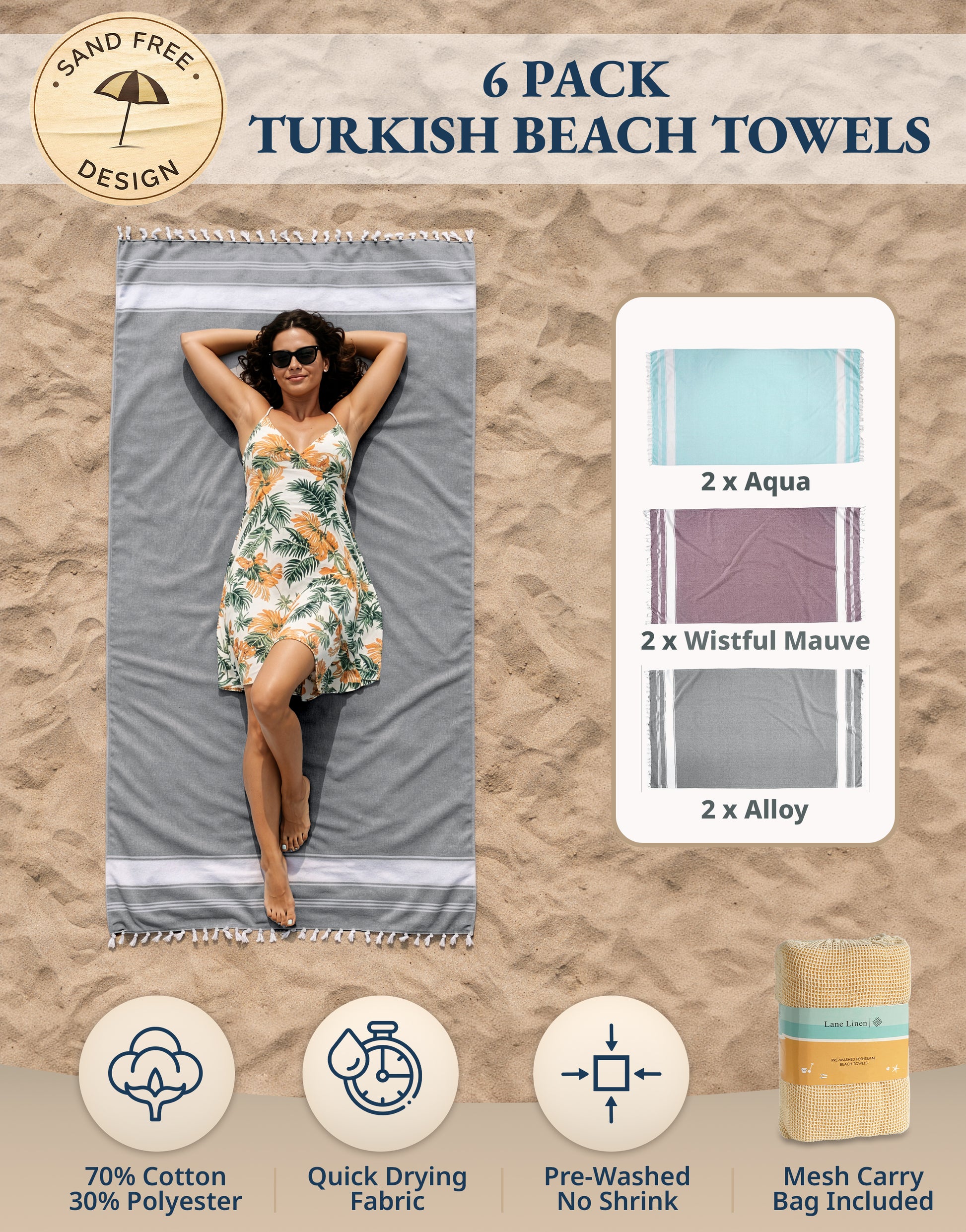 6 PIECE TURKISH BEACH TOWEL SET-Summer-Color