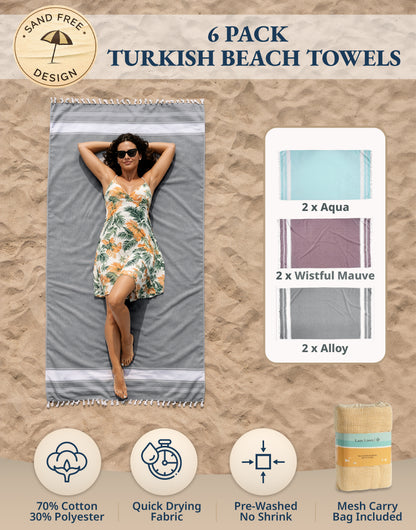 6 PIECE TURKISH BEACH TOWEL SET-Summer-Color