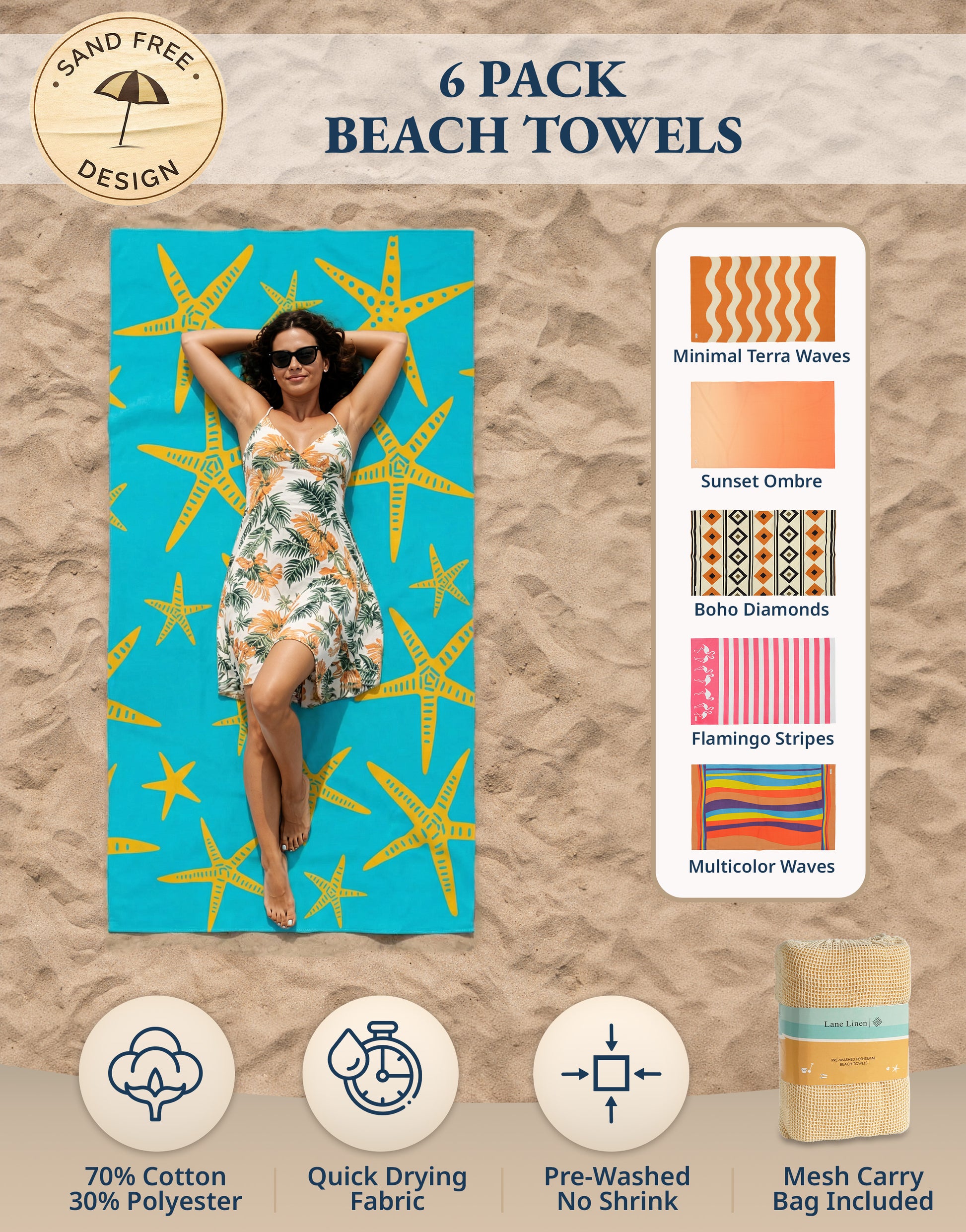 6 PIECE TURKISH BEACH TOWEL SET-Sunset-Tropics