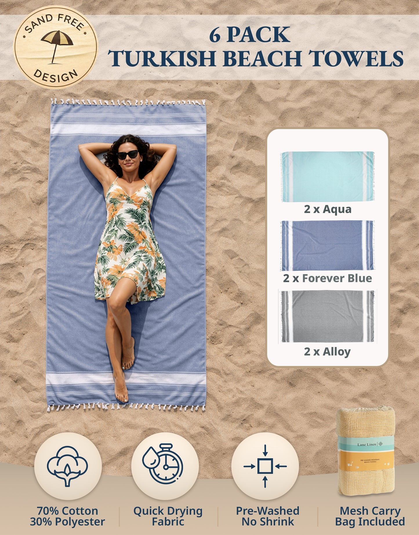 6 PIECE TURKISH BEACH TOWEL SET-Tropical-Color