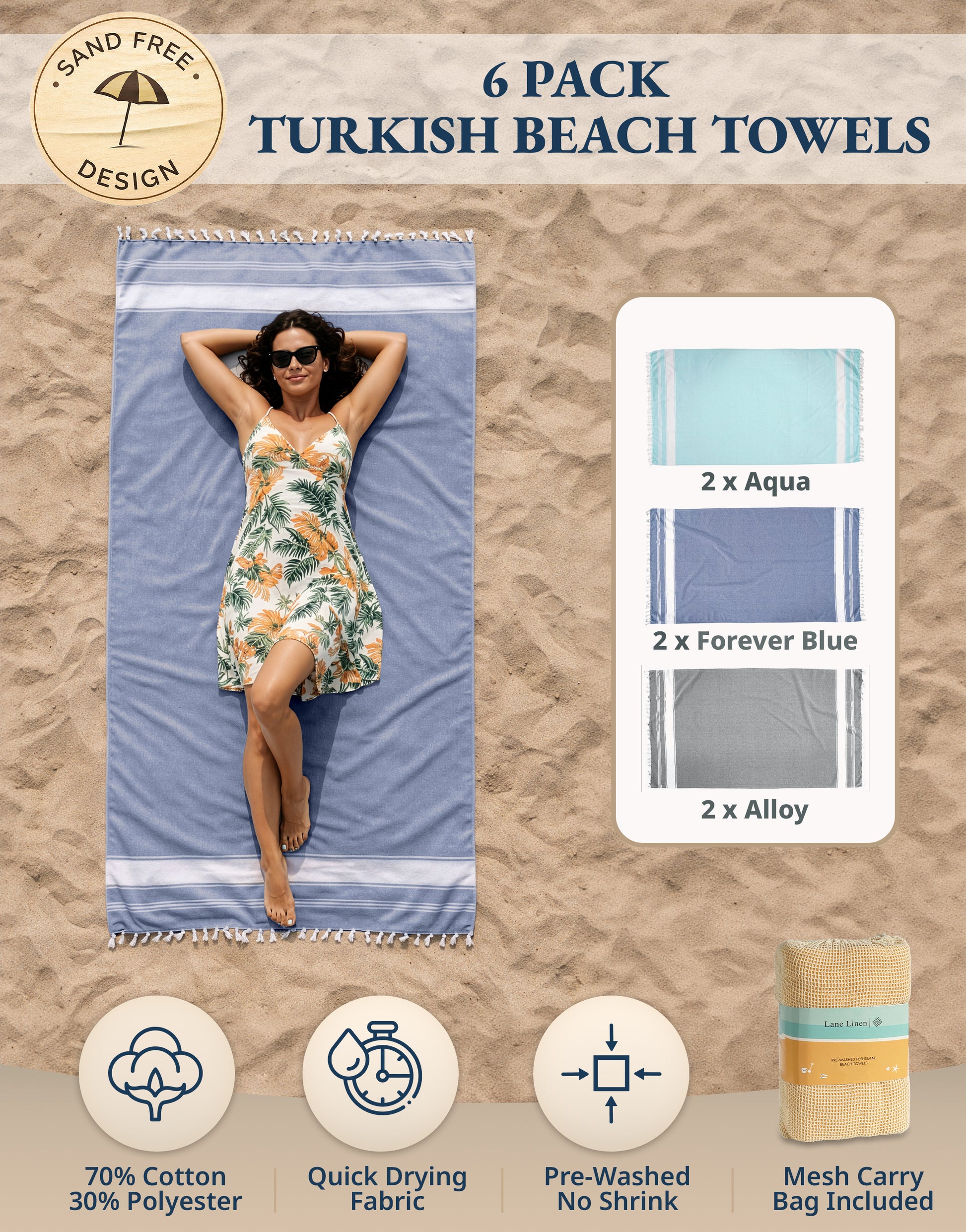 6 PIECE TURKISH BEACH TOWEL SET-Tropical-Color