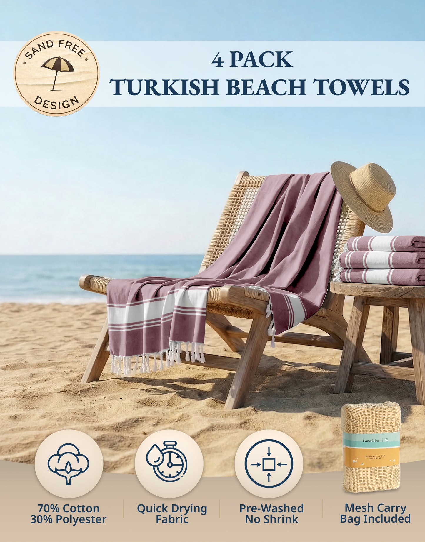 4 PIECE TURKISH BEACH TOWEL SET-WISTFUL-MAUVE