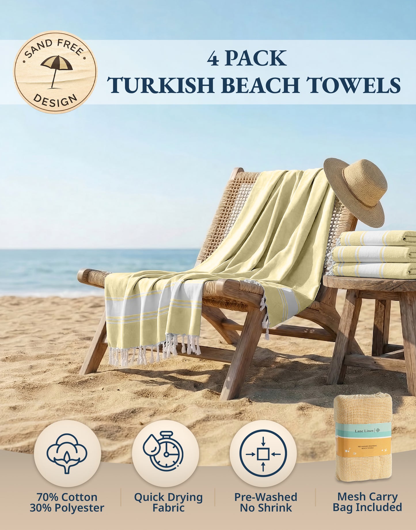 4 PIECE TURKISH BEACH TOWEL SET-YELLOW-LIME