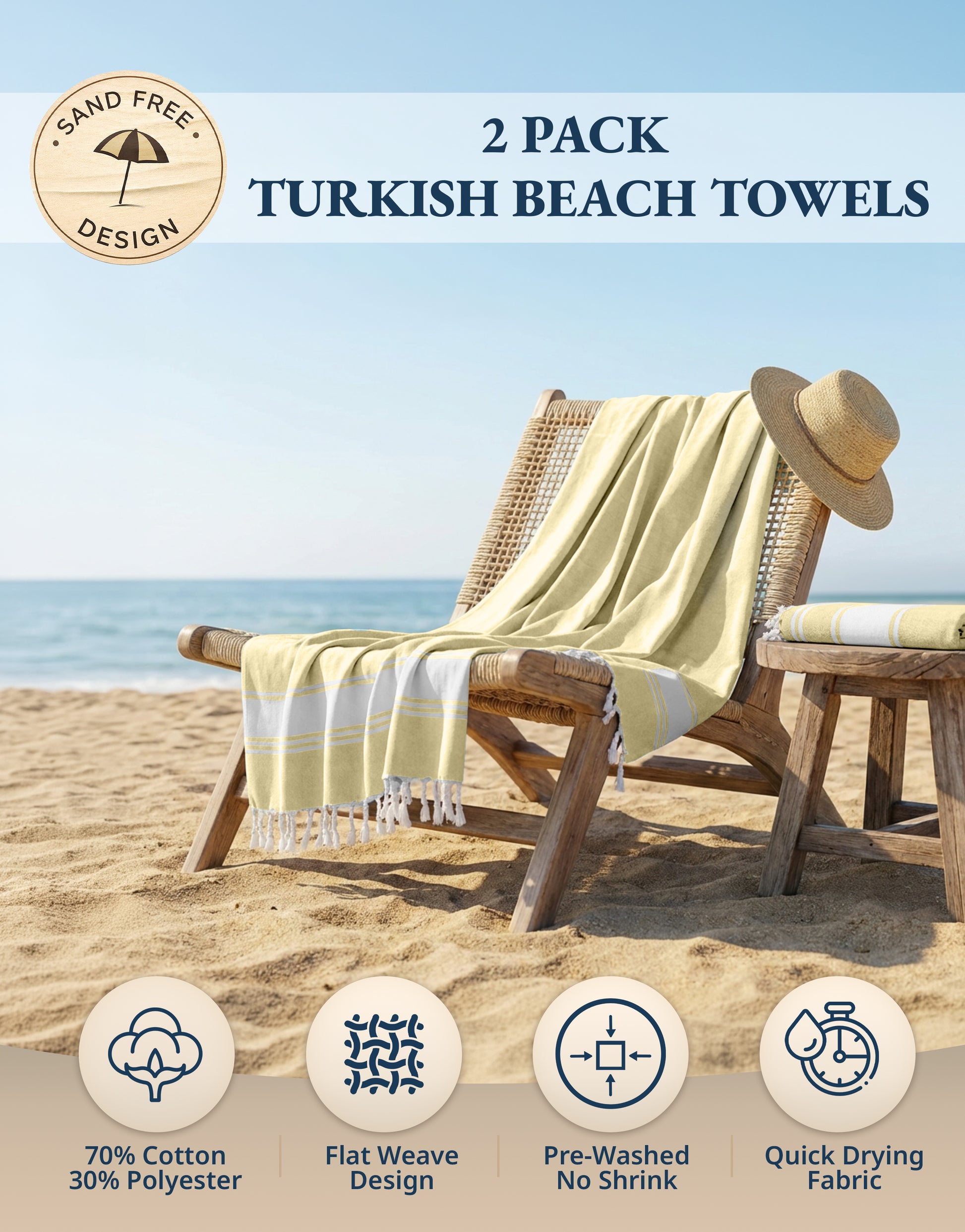 2 PIECE TURKISH BEACH TOWEL SET-YELLOW