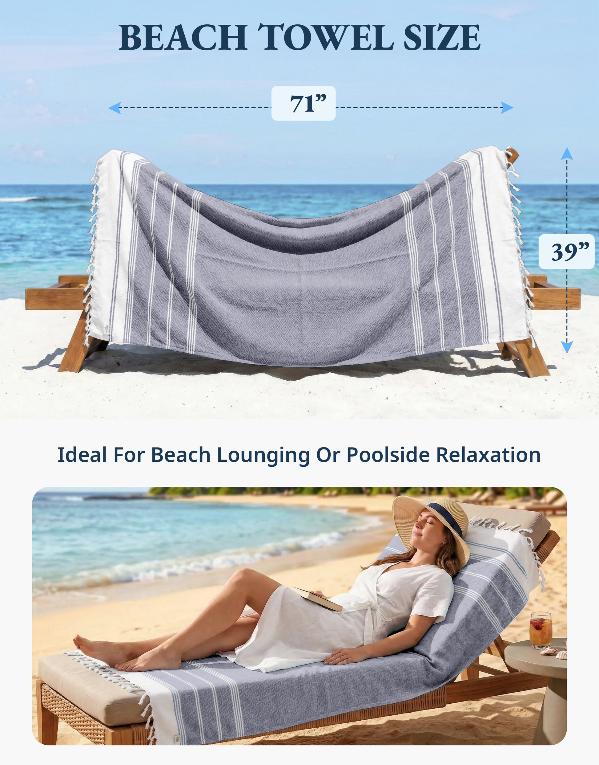 1 PIECE TURKISH BEACH TOWEL-NAVY-BLAZER