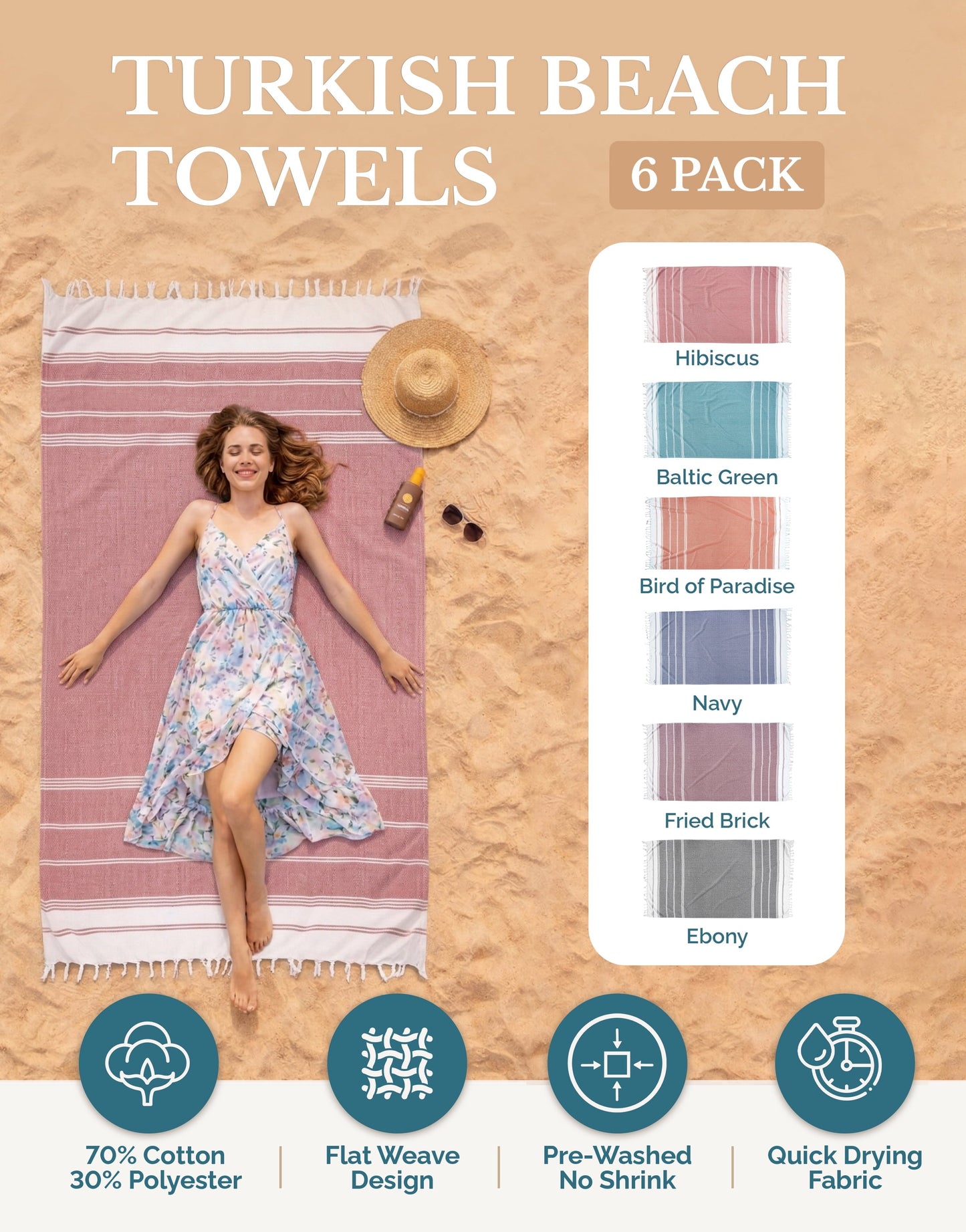 6-Piece Hammam Beach Towels Diamond Weave Set cp-gallery: color=Sand Blue; size=6 Piece Set