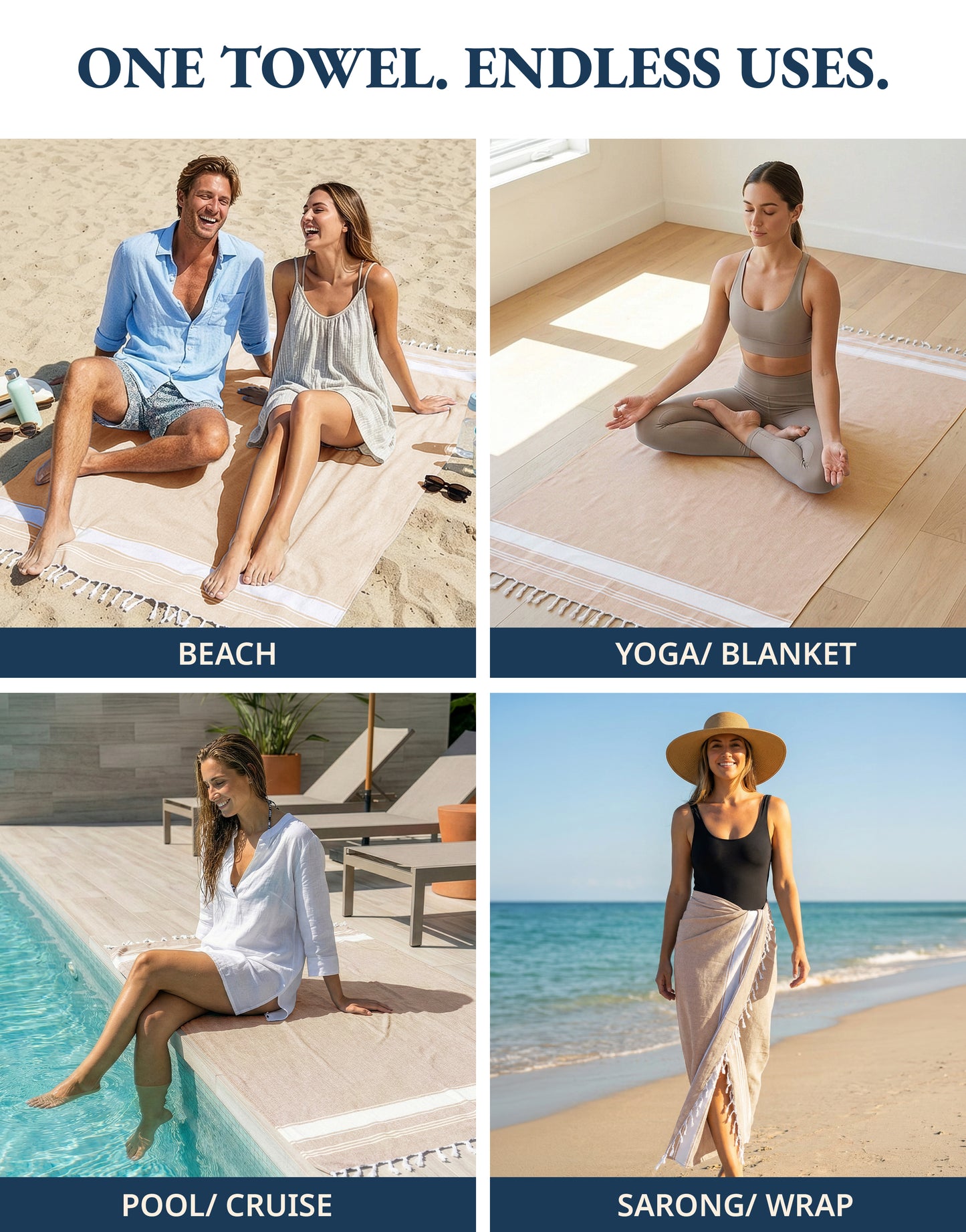 4 PIECE TURKISH BEACH TOWEL SET-BEIGE