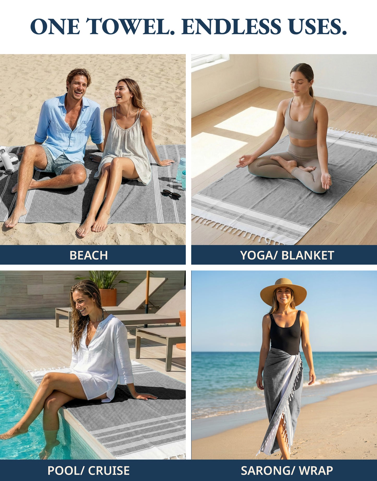 2 PIECE TURKISH BEACH TOWEL SET-EBONY