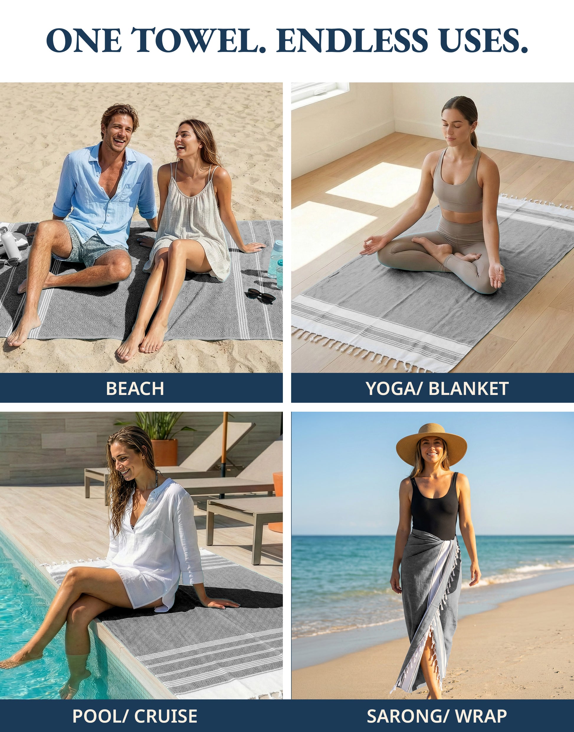 2 PIECE TURKISH BEACH TOWEL SET-EBONY