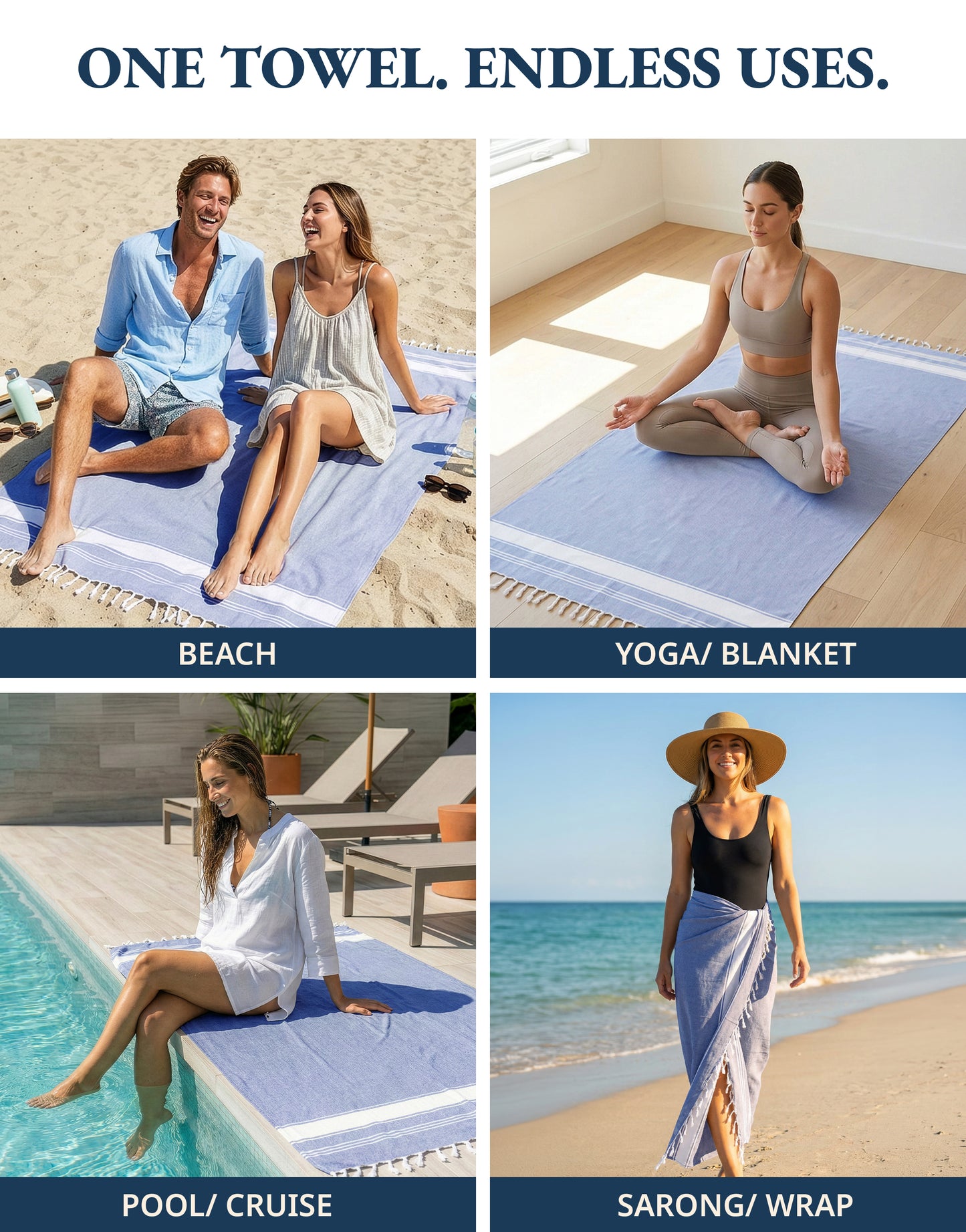 2 PIECE TURKISH BEACH TOWEL SET-FOREVER-BLUE