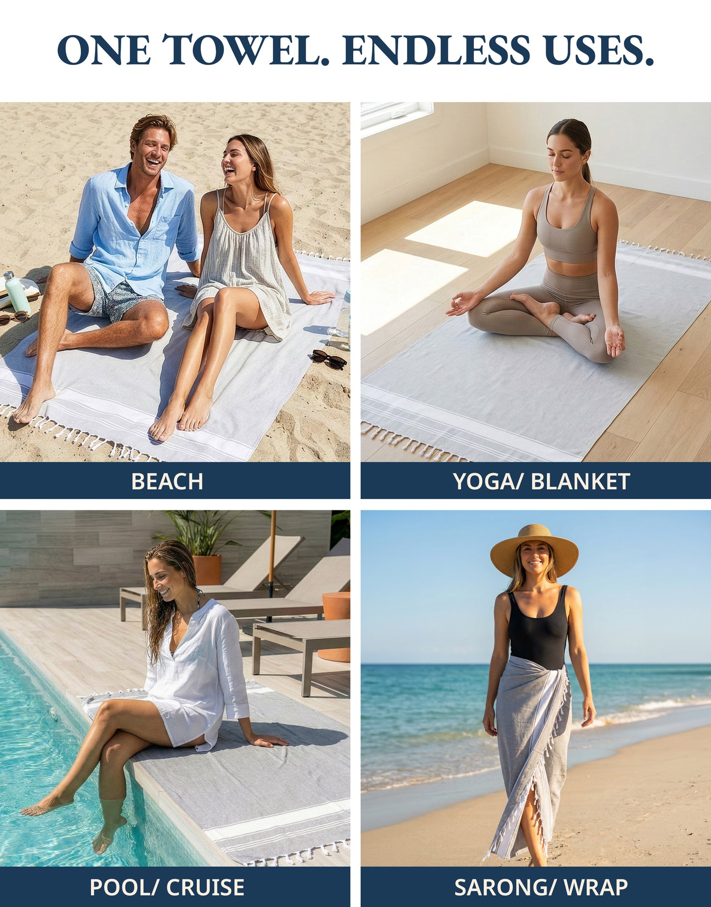 2 PIECE TURKISH BEACH TOWEL SET-GREY