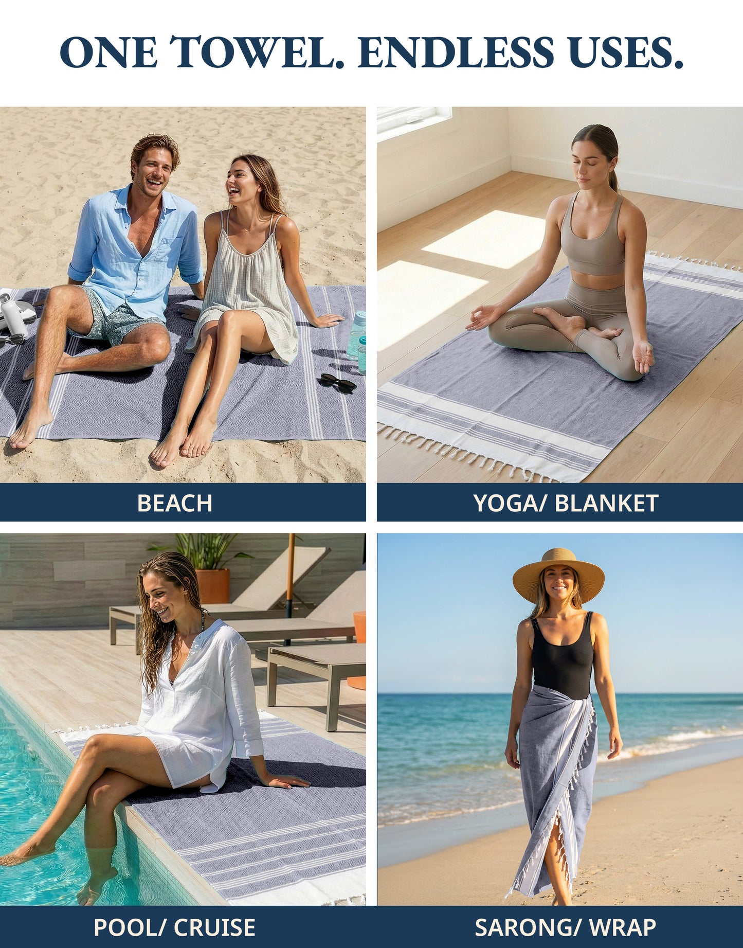 1 PIECE TURKISH BEACH TOWEL-NAVY-BLAZER