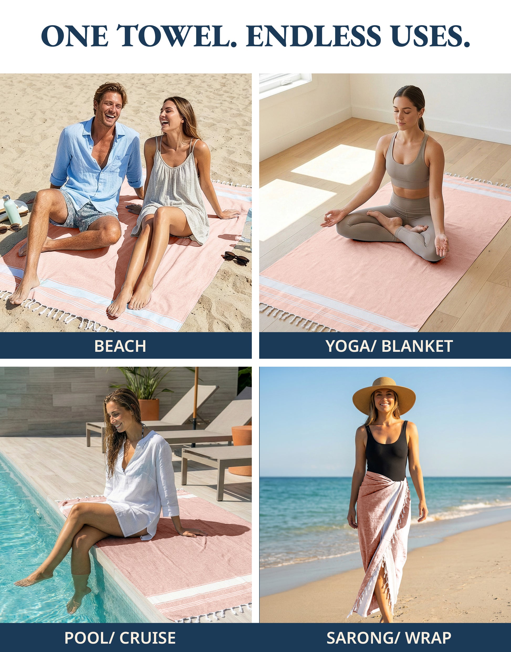 4 PIECE TURKISH BEACH TOWEL SET-QUARTZ-PINK