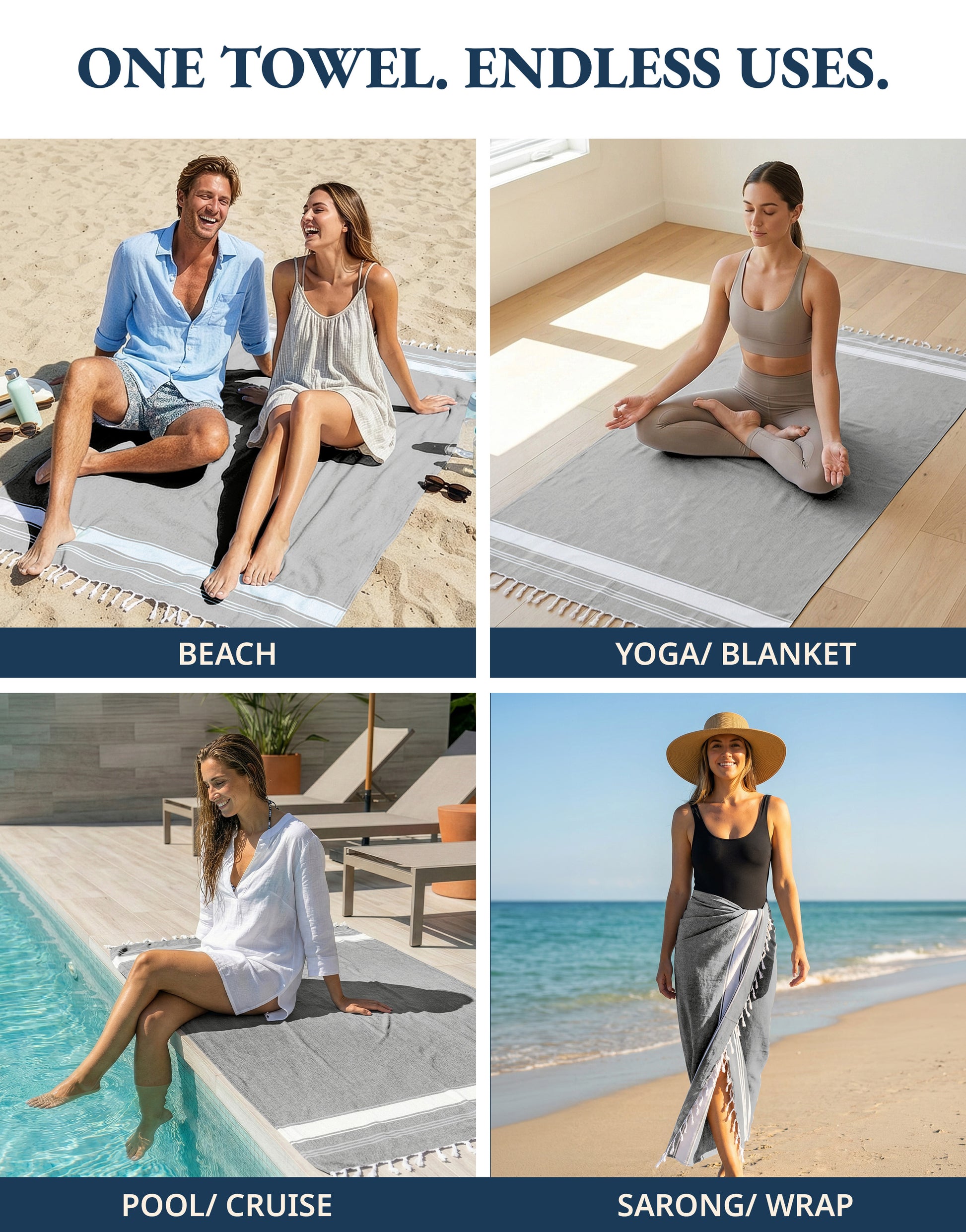 4 PIECE TURKISH BEACH TOWEL SET-SMOKY-BLACK