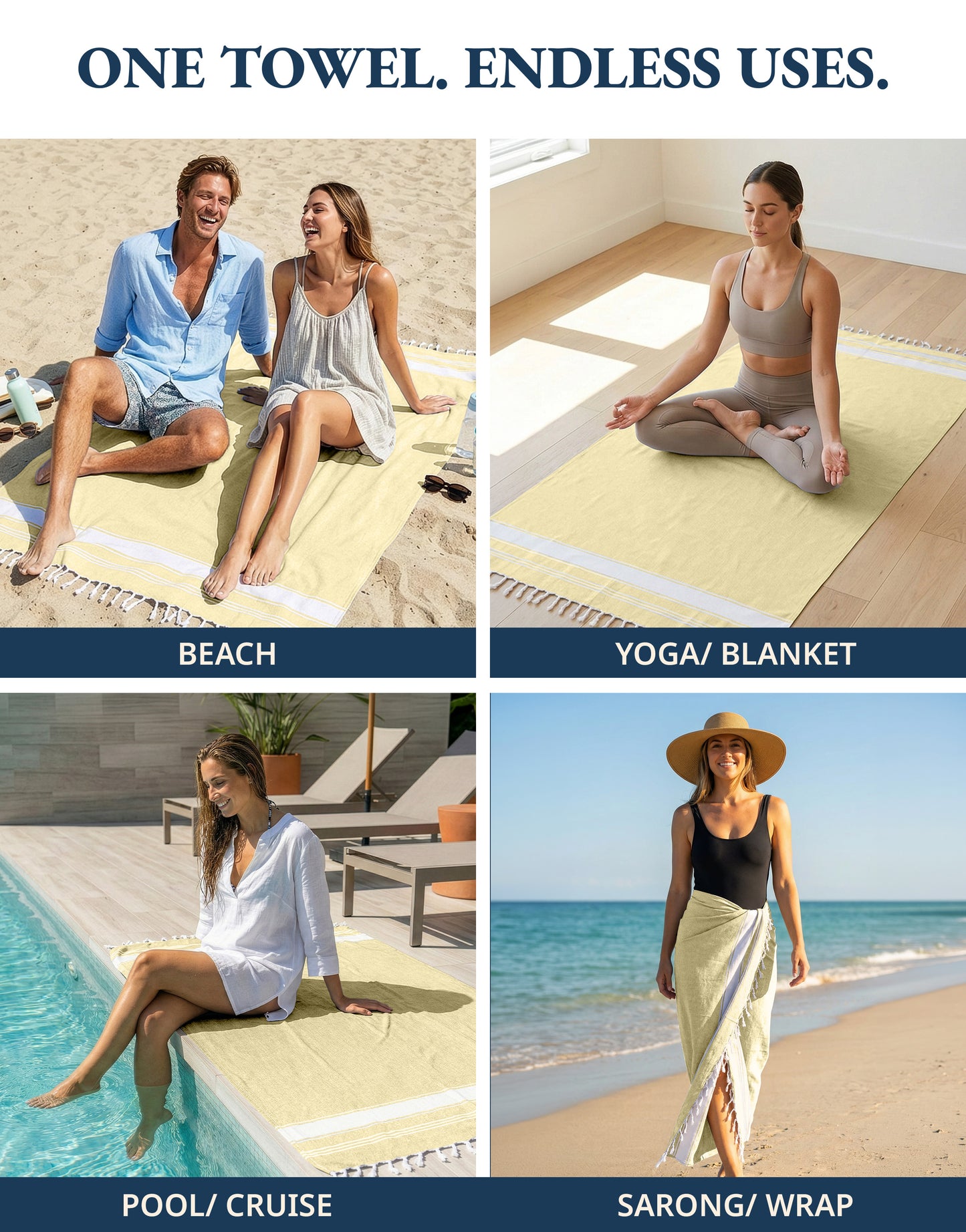 4 PIECE TURKISH BEACH TOWEL SET-YELLOW-LIME