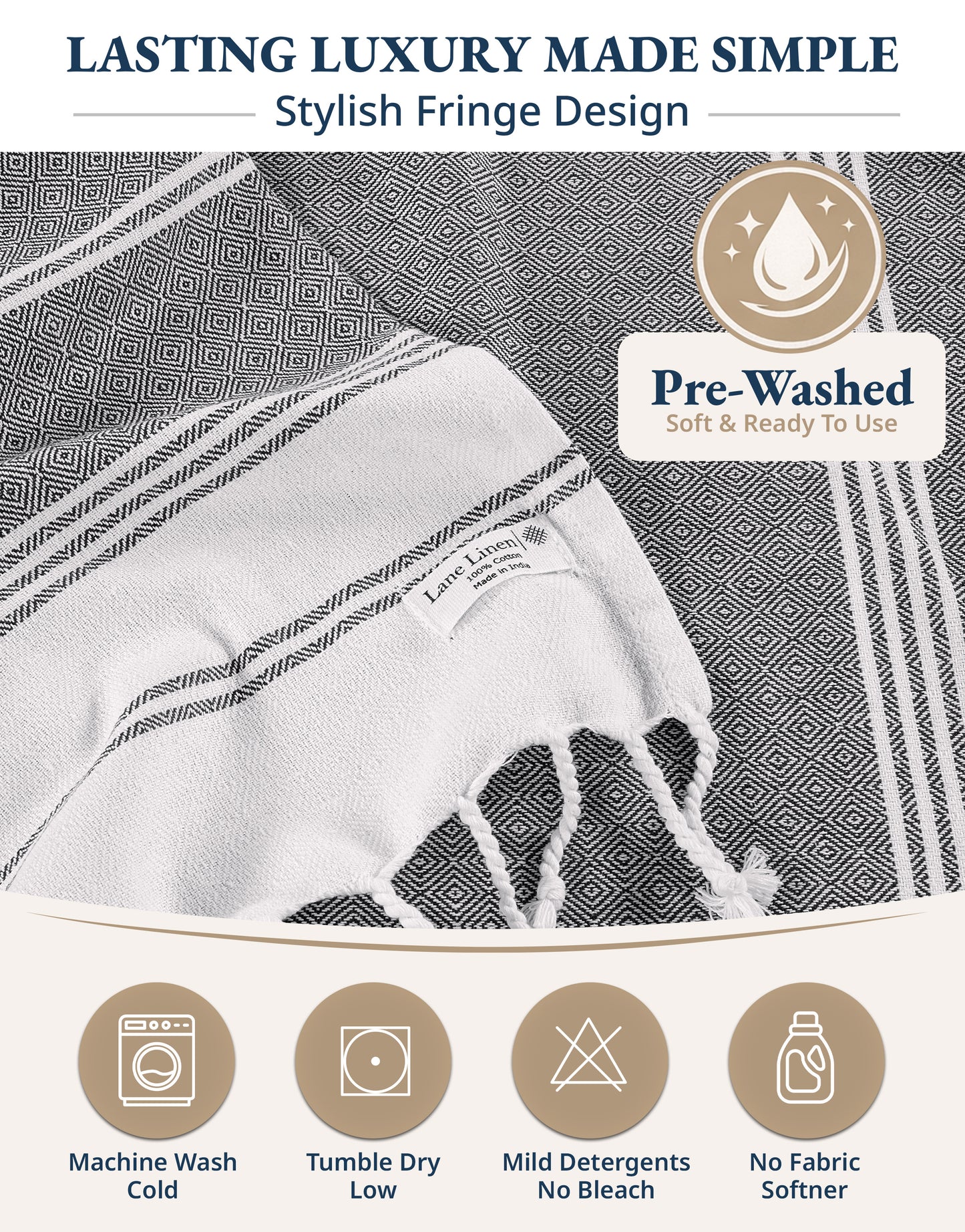 2 PIECE TURKISH BEACH TOWEL SET-EBONY