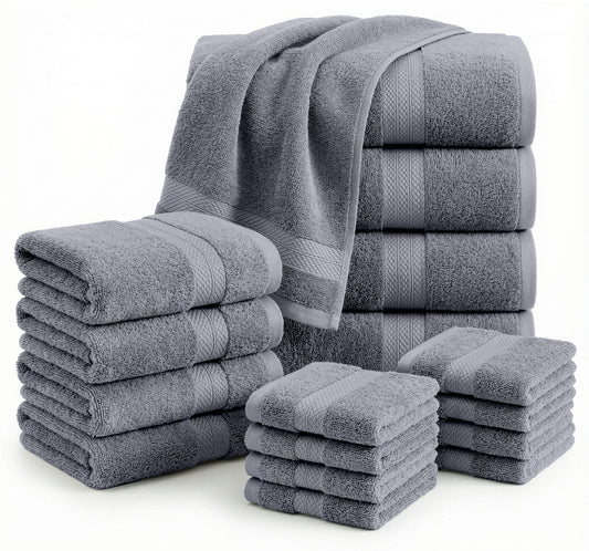 Lane Linen 16 Piece 100% Cotton Towel Set - Cool Grey