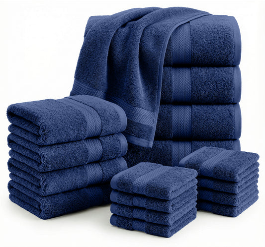 Lane Linen 16 Piece 100% Cotton Towel Set - Navy