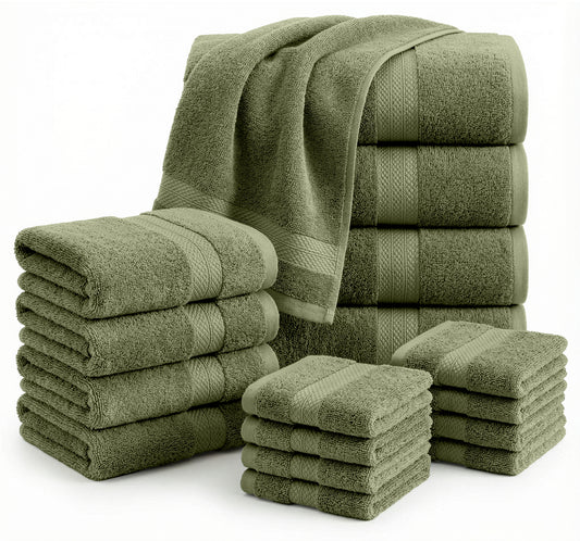 Lane Linen 16 Piece 100% Cotton Towel Set - Oil Green