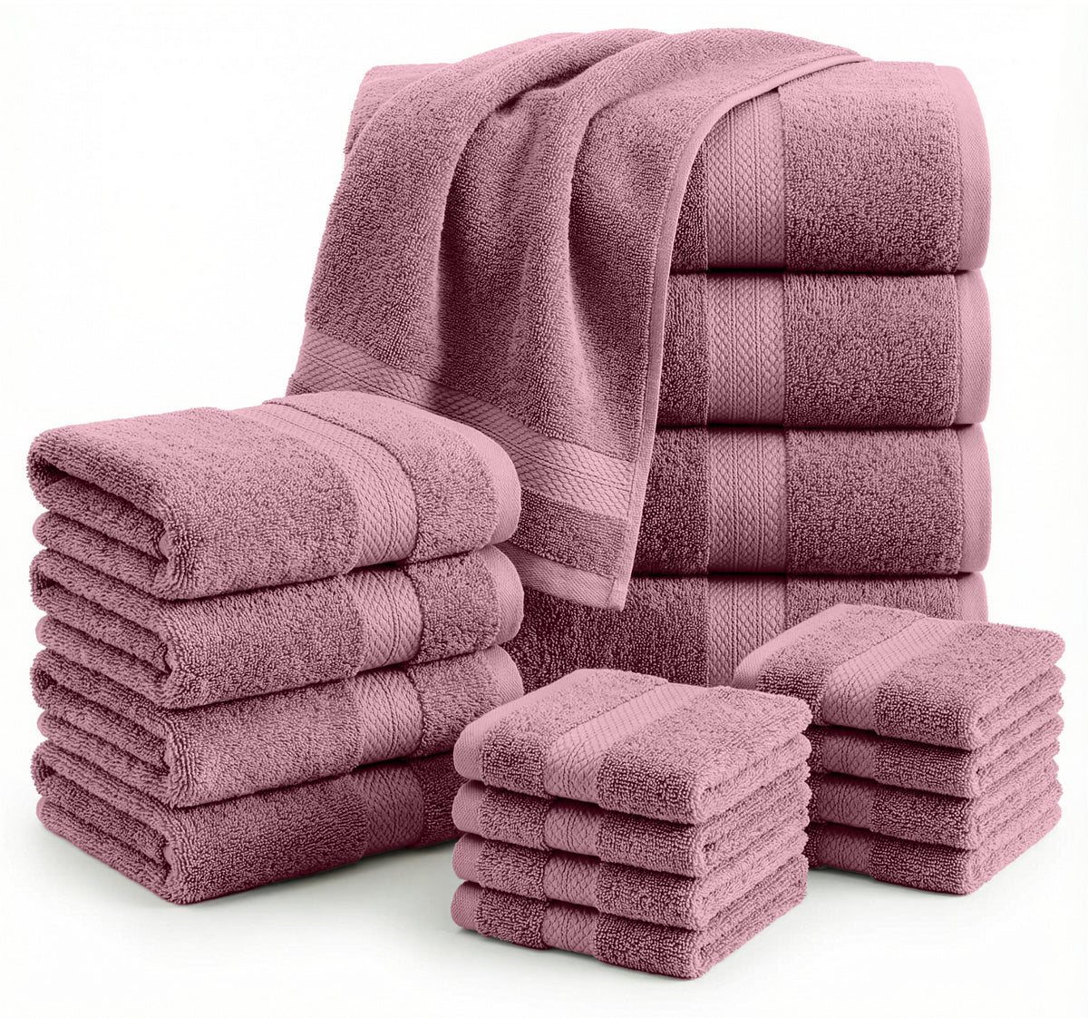 16 Piece 100% Cotton Towel Set - Wishful Mauve