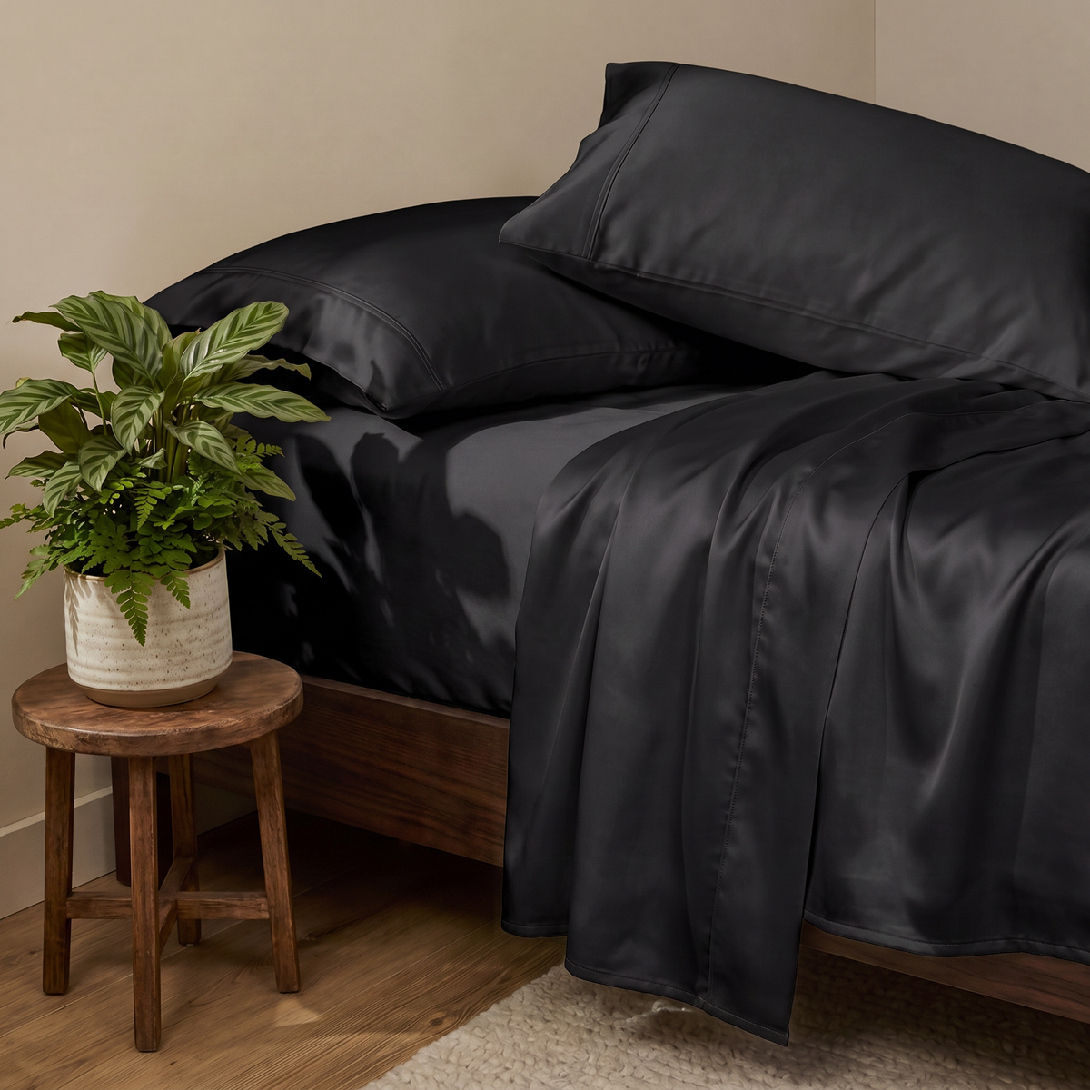 1000 Thread Count Sheet Set - Black - sateen sheets on a made bed