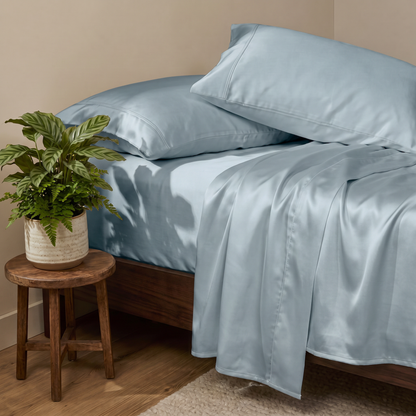 1000 Thread Count Sheet Set - French Blue - sateen sheets on a made bed