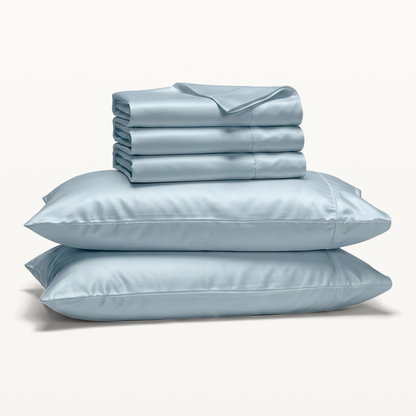 1000 Thread Count Sheet Set - French Blue - Split King set with three folded sheets and two pillowcases