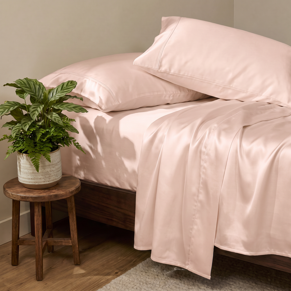 1000 Thread Count Sheet Set - Sepia Rose - sateen sheets on a made bed