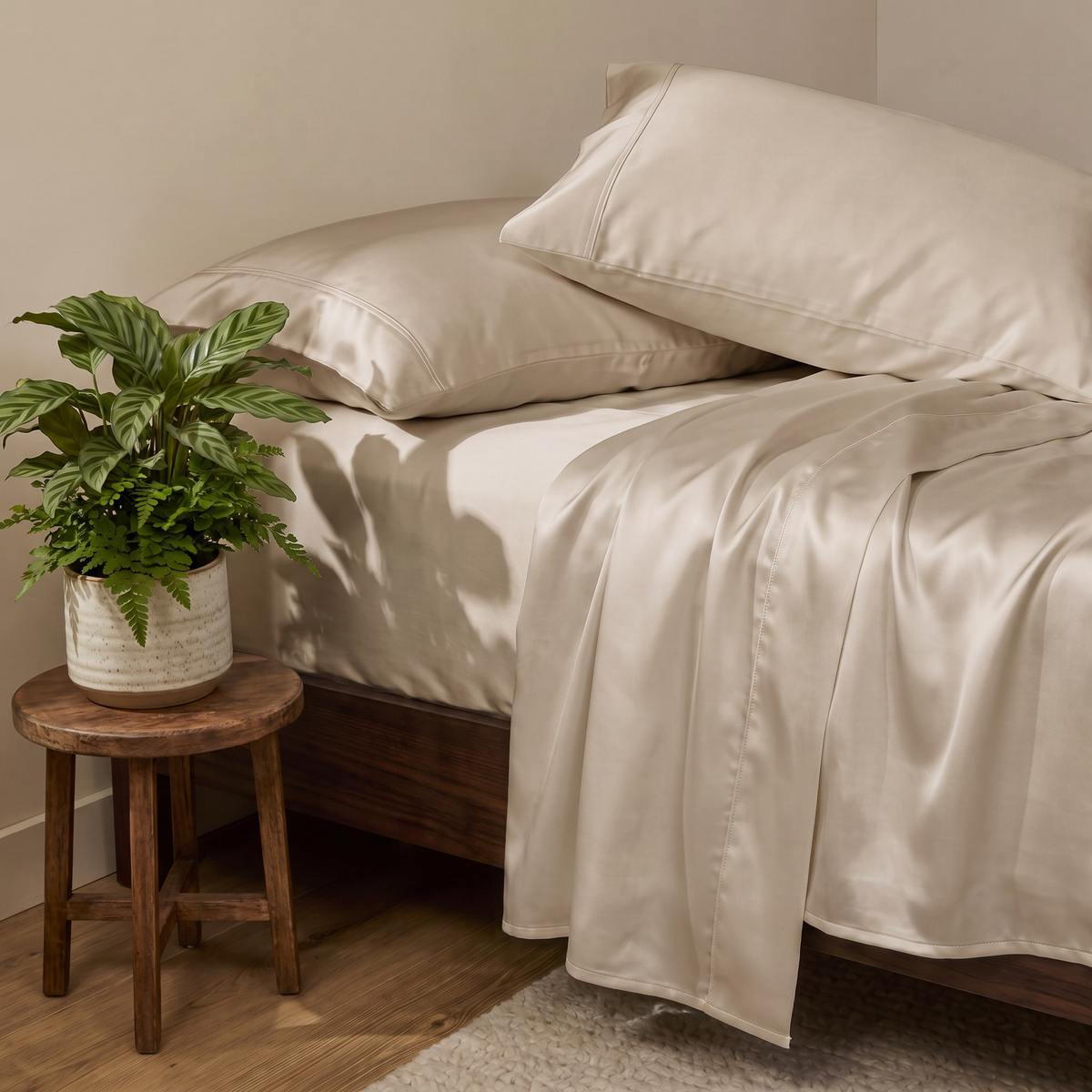 1000 Thread Count Sheet Set - Taupe - sateen sheets on a made bed
