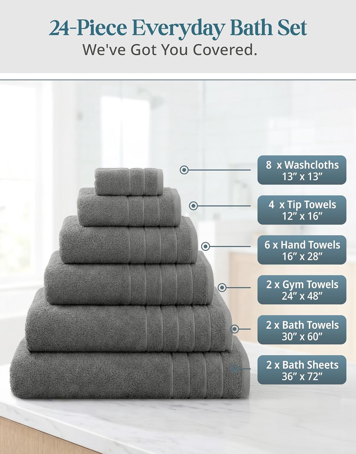 24-Piece Cotton Bath Towel Set