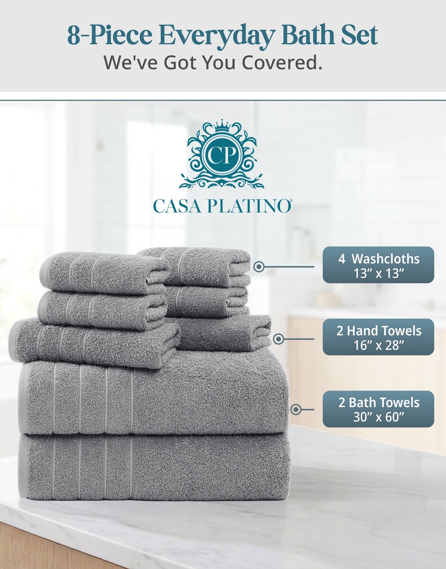 8-Piece Cotton Bath Towel Set cp-gallery: color=Ultimate Grey; size=8 Piece Set