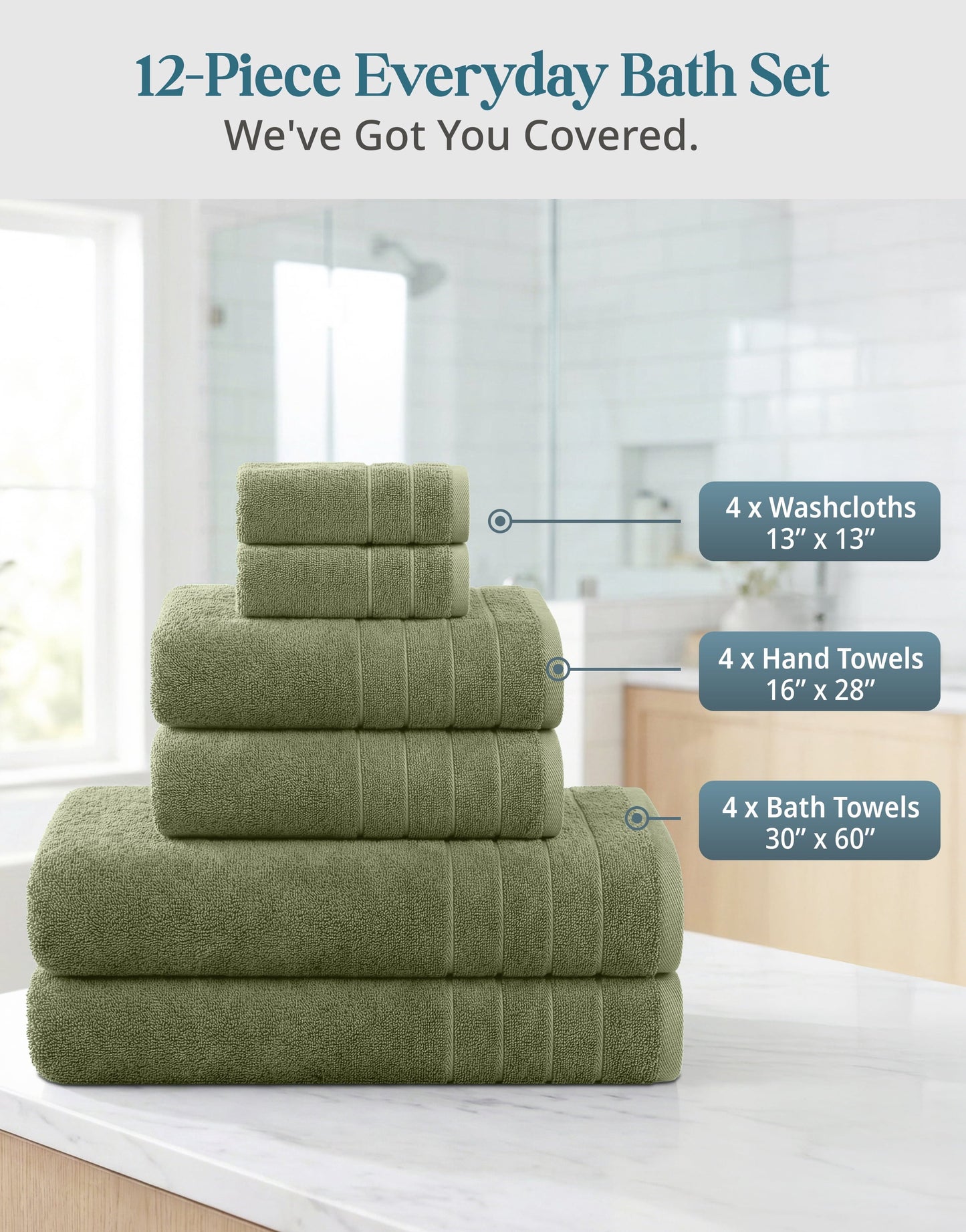 12-Piece Cotton Bath Towel Set cp-gallery: color=Oil Green; size=12 Piece Set