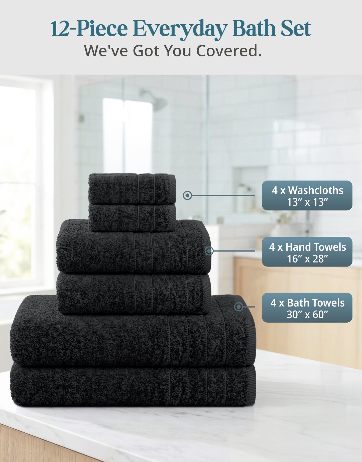 12-Piece Cotton Bath Towel Set cp-gallery: color=Black; size=12 Piece Set