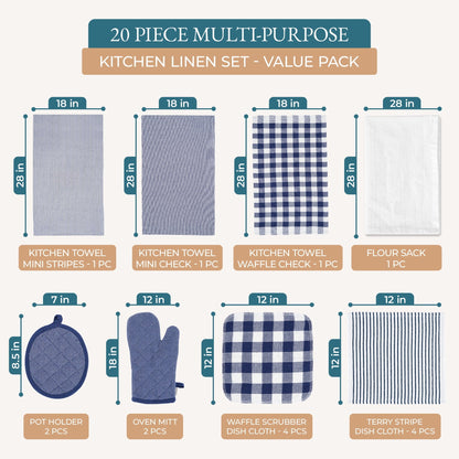 20-Piece Kitchen Towel Set Cotton Dish Towels cp-gallery: color=Indigo; size=20 Piece Set