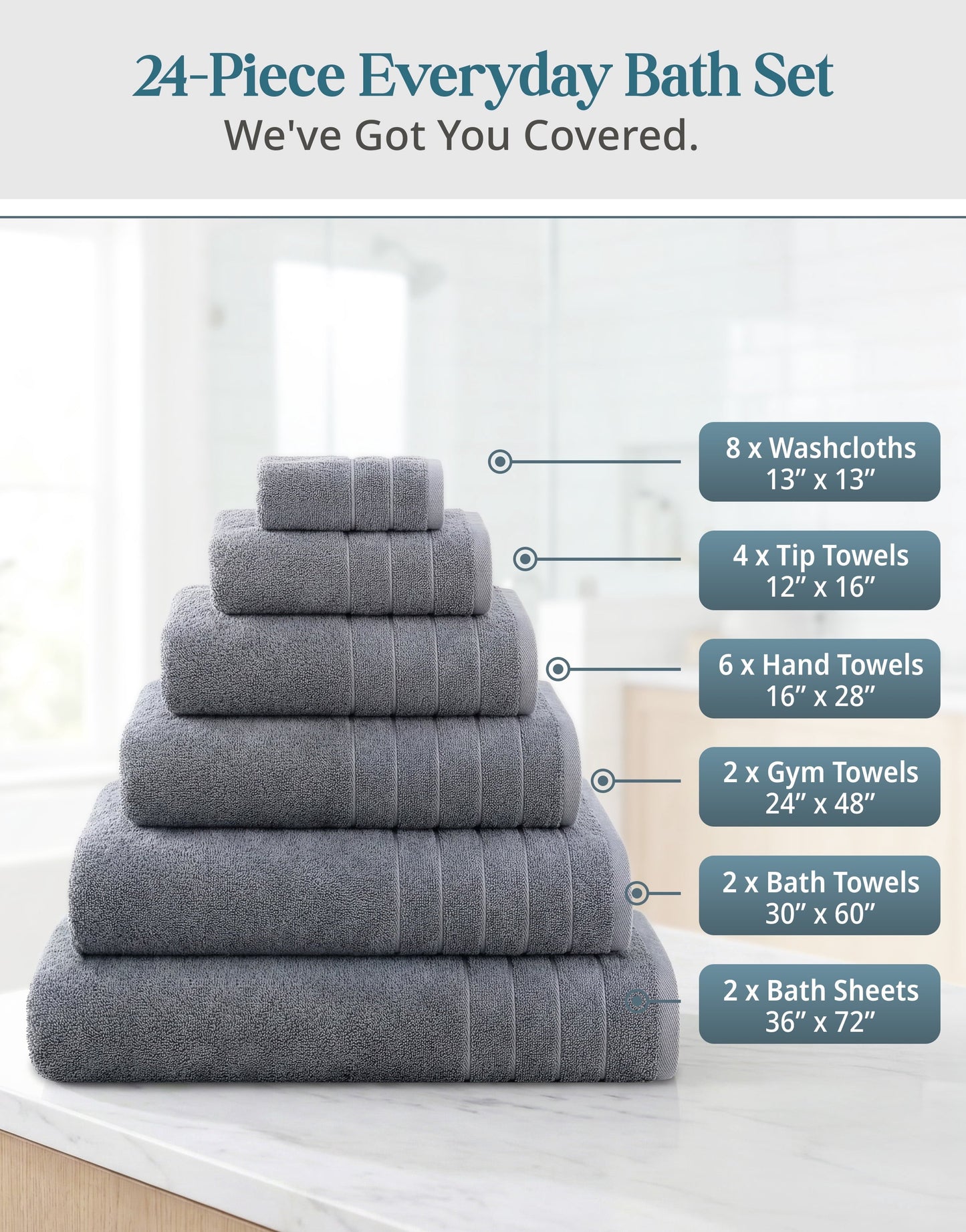 24-Piece Cotton Bath Towel Set cp-gallery: color=Cool Grey; size=24 Piece Set
