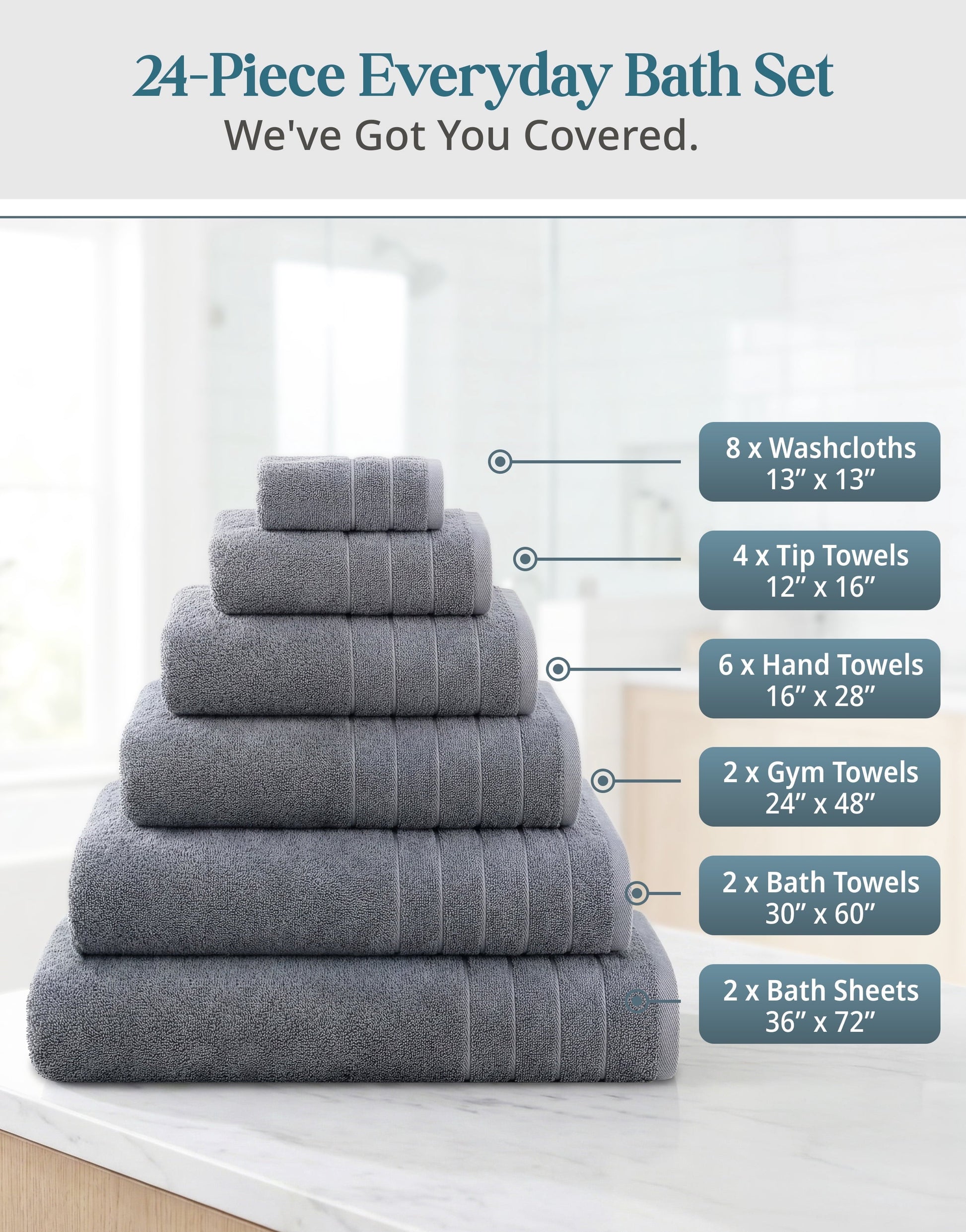 24-Piece Cotton Bath Towel Set