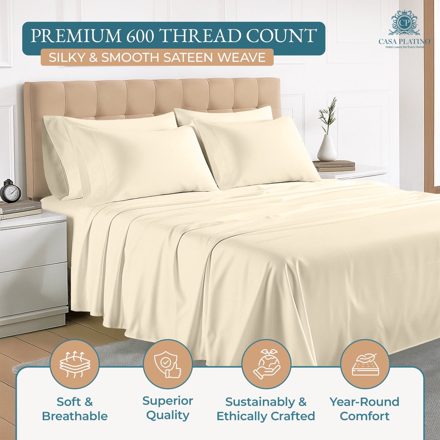 600 Thread Count Cotton Sheet Set cp-gallery: color=Ivory
