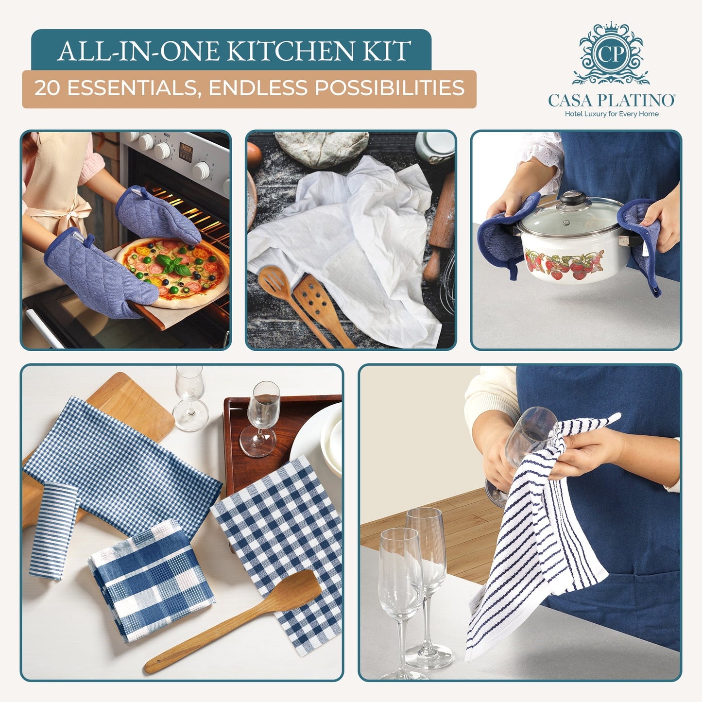 20-Piece Kitchen Towel Set Cotton Dish Towels cp-gallery: color=Indigo; size=20 Piece Set