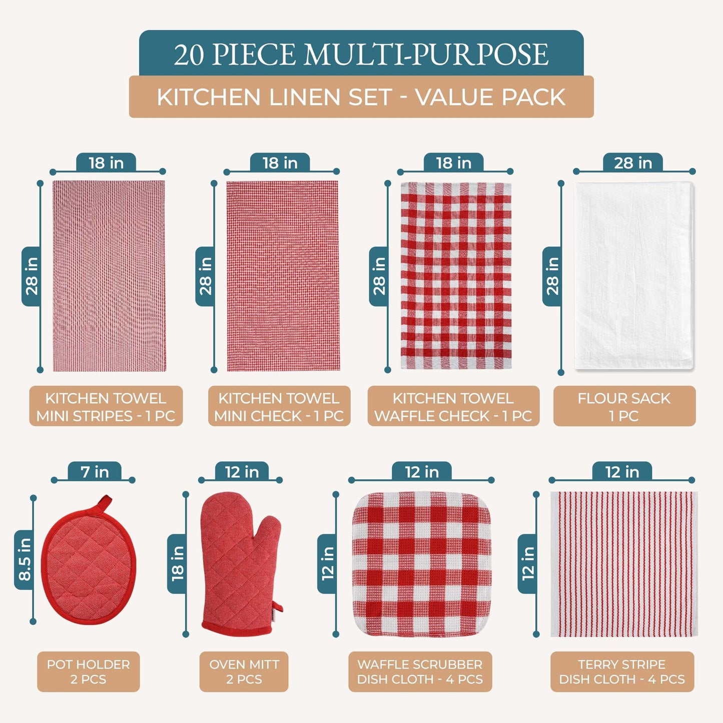 20-Piece Kitchen Towel Set Cotton Dish Towels cp-gallery: color=Red; size=20 Piece Set