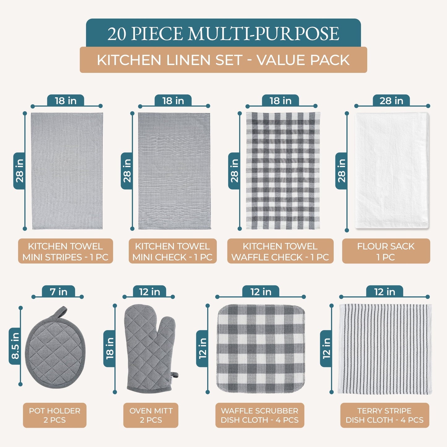20-Piece Kitchen Towel Set Cotton Dish Towels cp-gallery: color=Grey; size=20 Piece Set