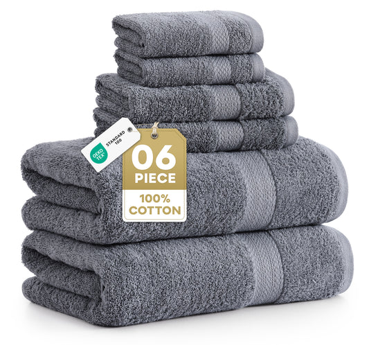 Lane Linen 6 Piece Cotton Towel Set - Cool Grey