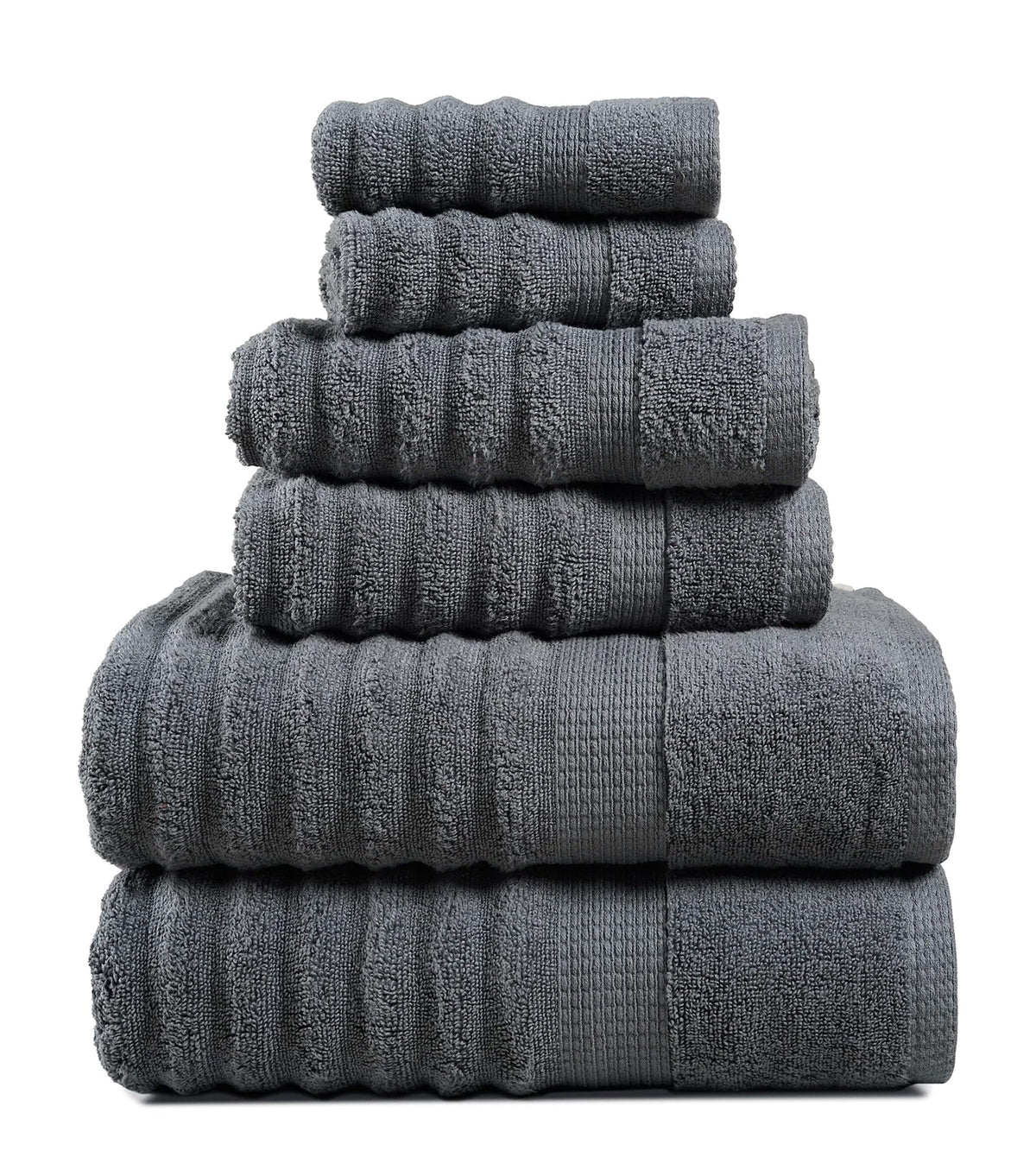 6 Piece Ribbed Cotton Towel Set - Grey