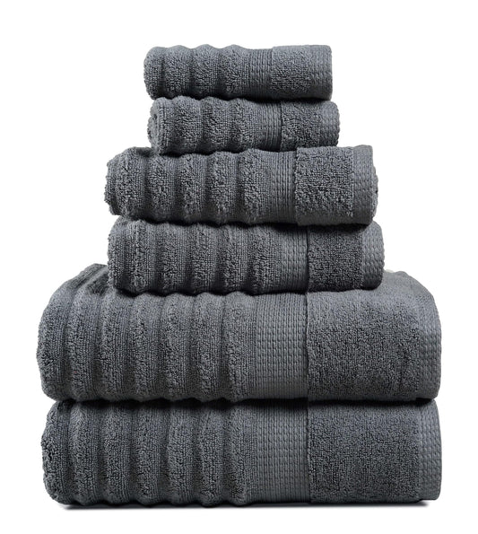 Lane Linen 6 Piece Ribbed Cotton Towel Set - Grey