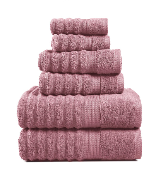 Lane Linen 6 Piece Ribbed Cotton Towel Set - Wishful Mauve