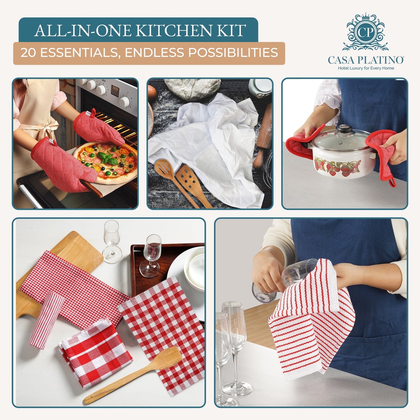 20-Piece Kitchen Towel Set Cotton Dish Towels cp-gallery: color=Red; size=20 Piece Set