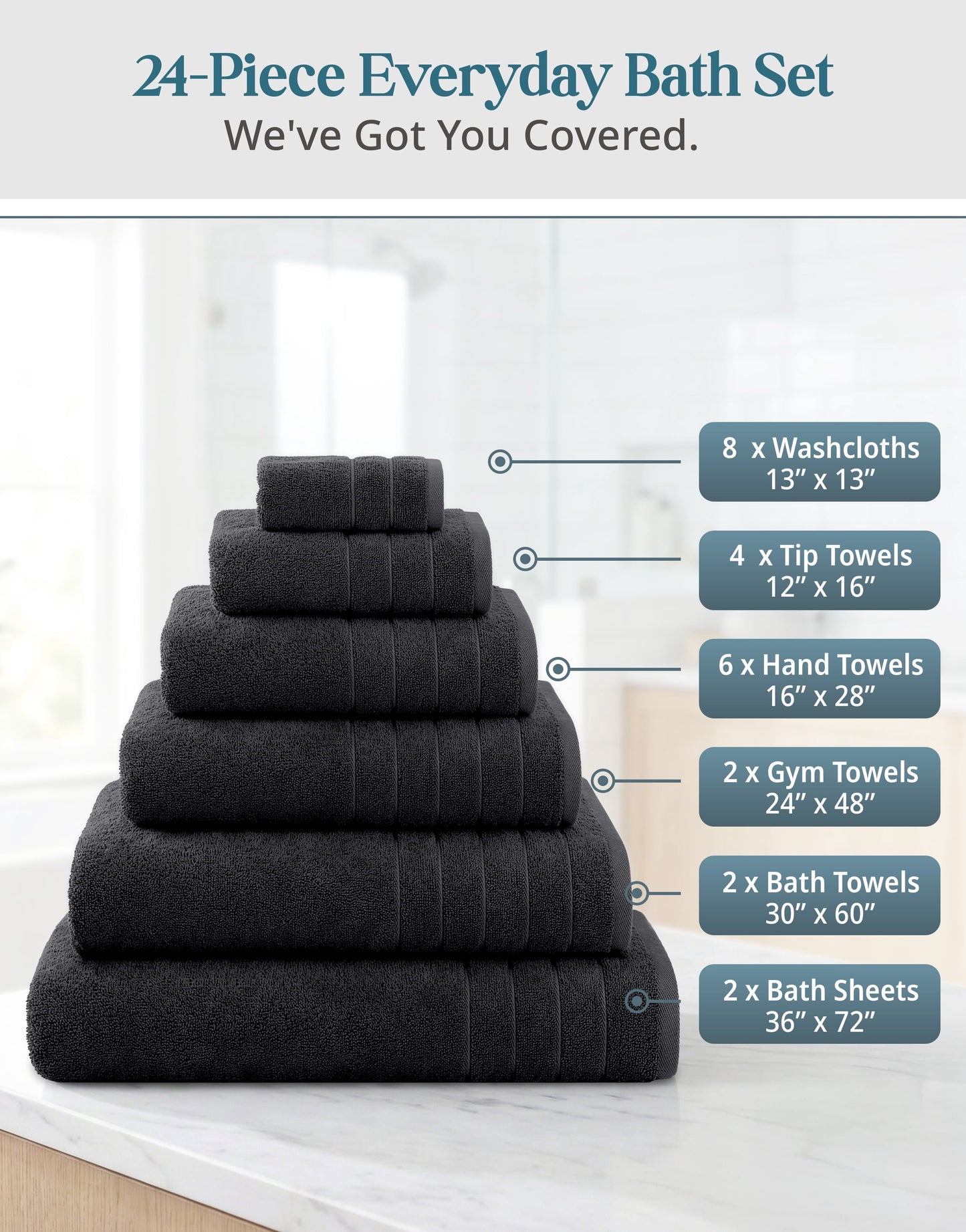 24-Piece Cotton Bath Towel Set cp-gallery: color=Black; size=24 Piece Set