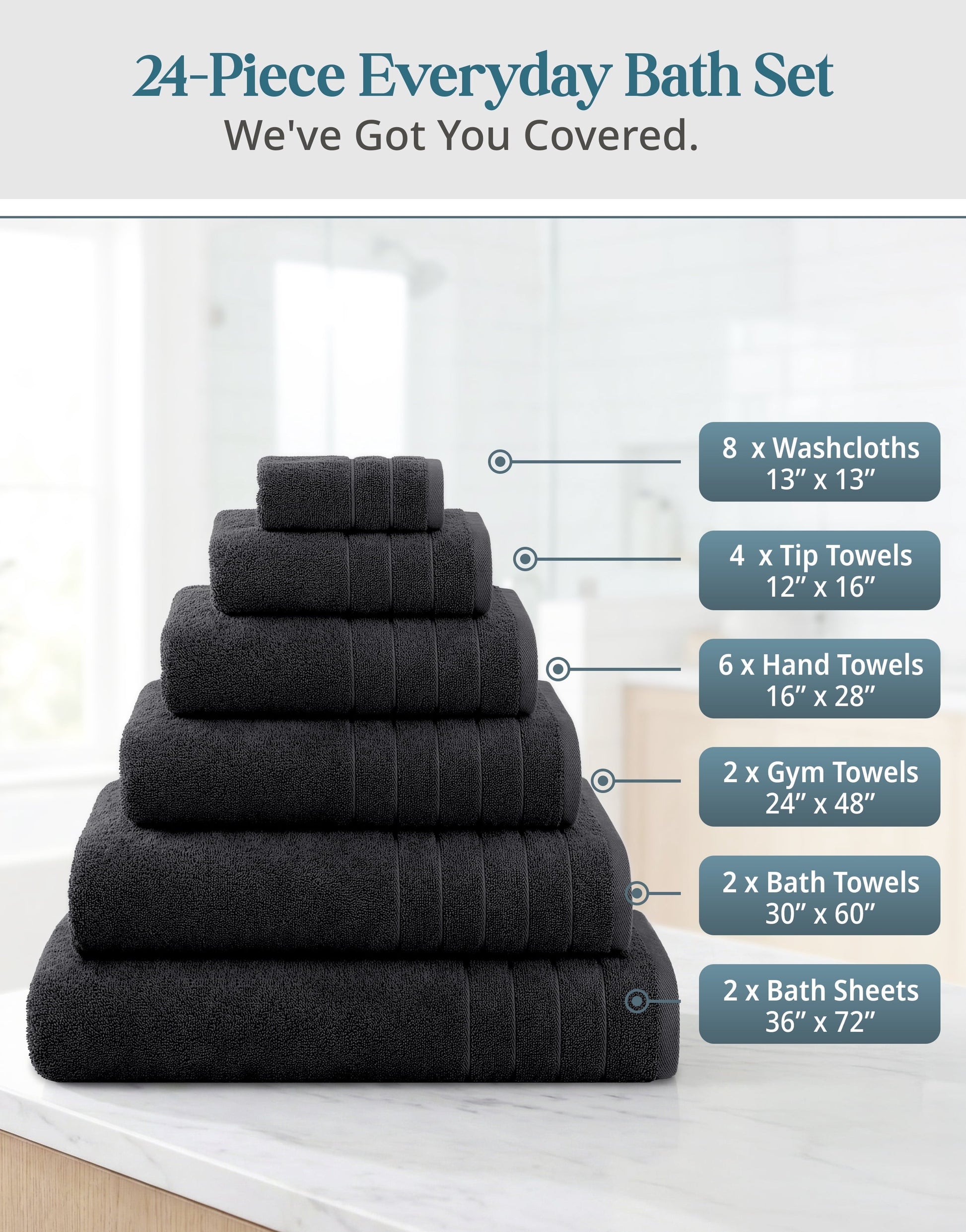 24-Piece Cotton Bath Towel Set
