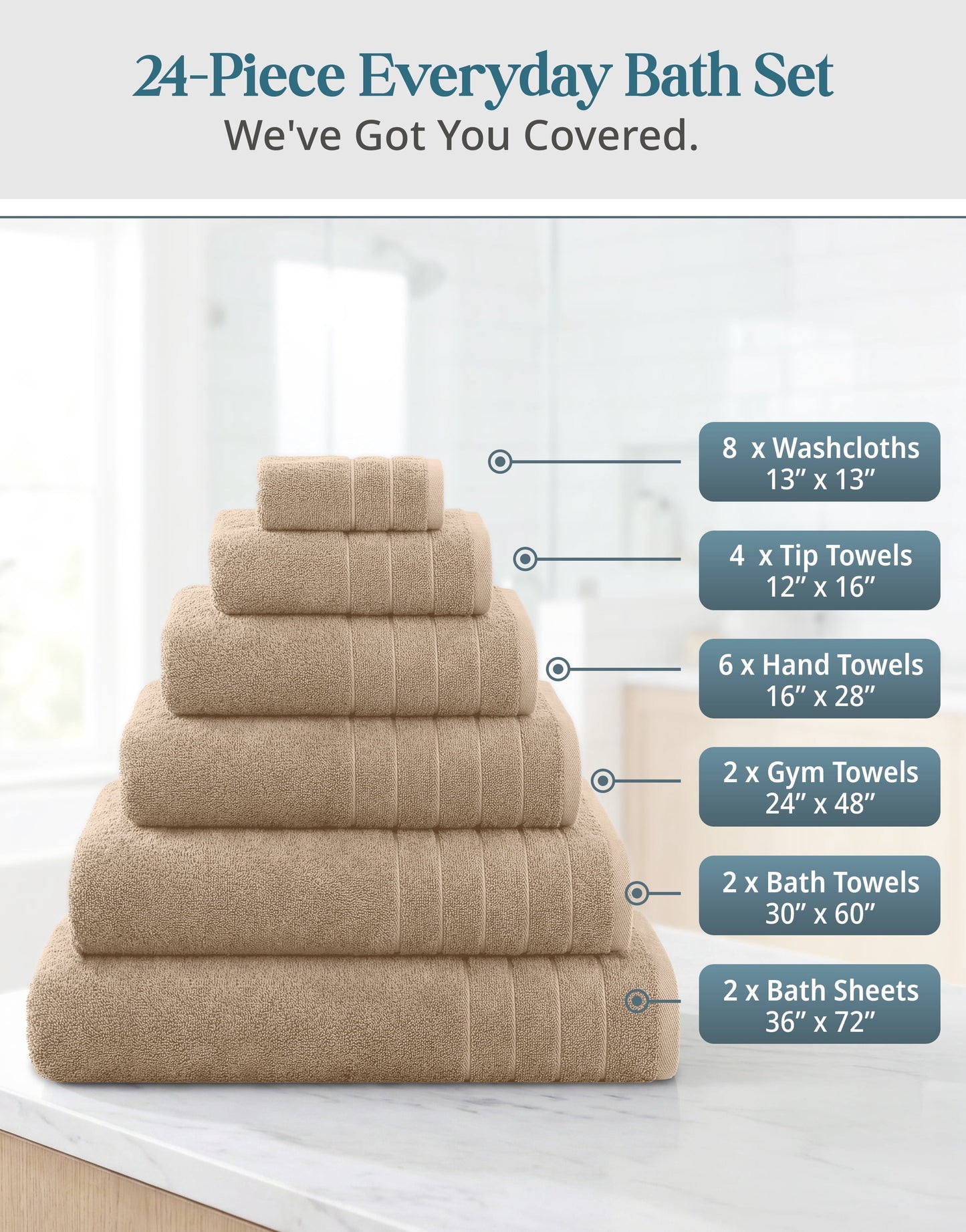 24-Piece Cotton Bath Towel Set cp-gallery: color=Towny Brown; size=24 Piece Set