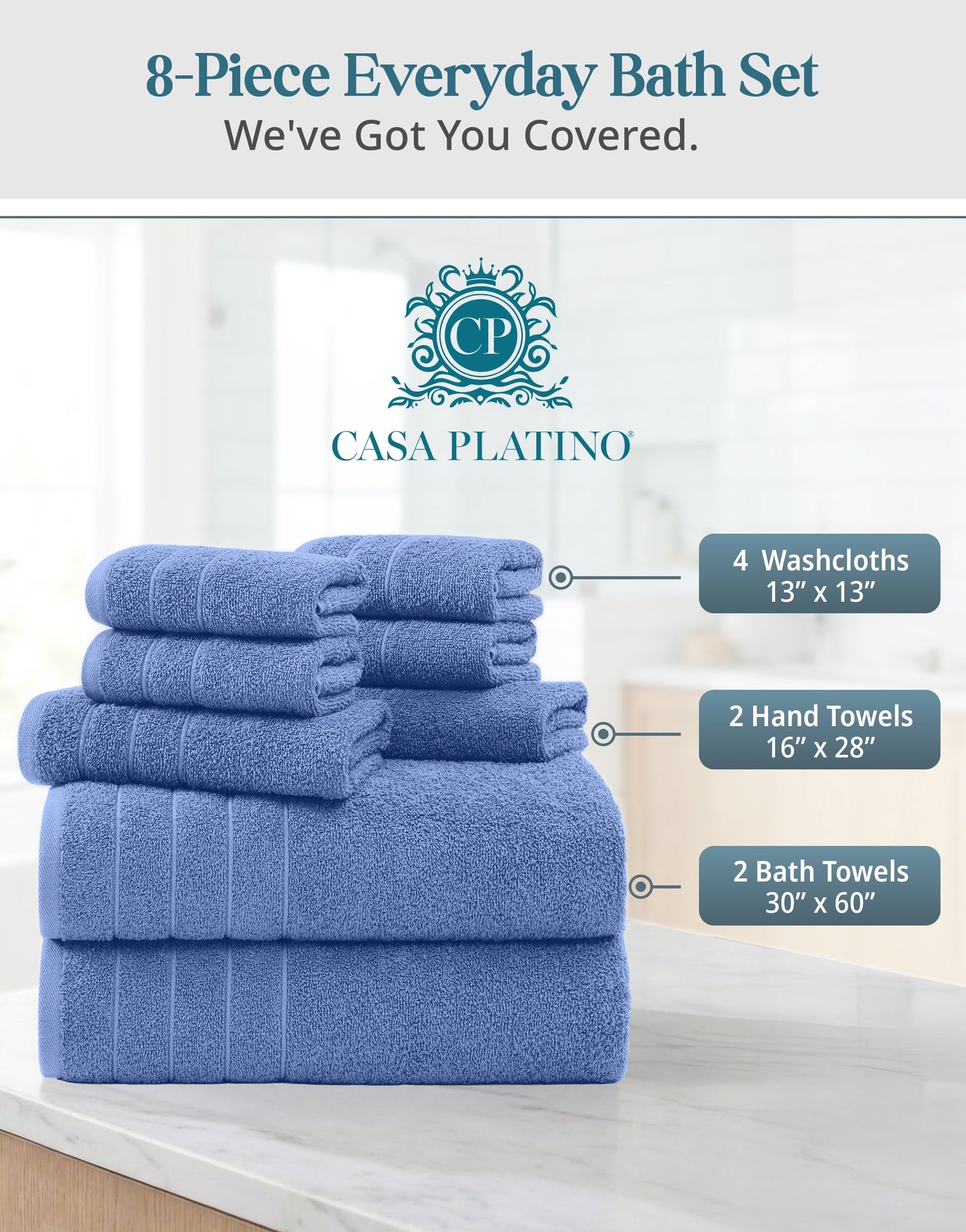 8-Piece Cotton Bath Towel Set cp-gallery: color=Cerulean Blue; size=8 Piece Set