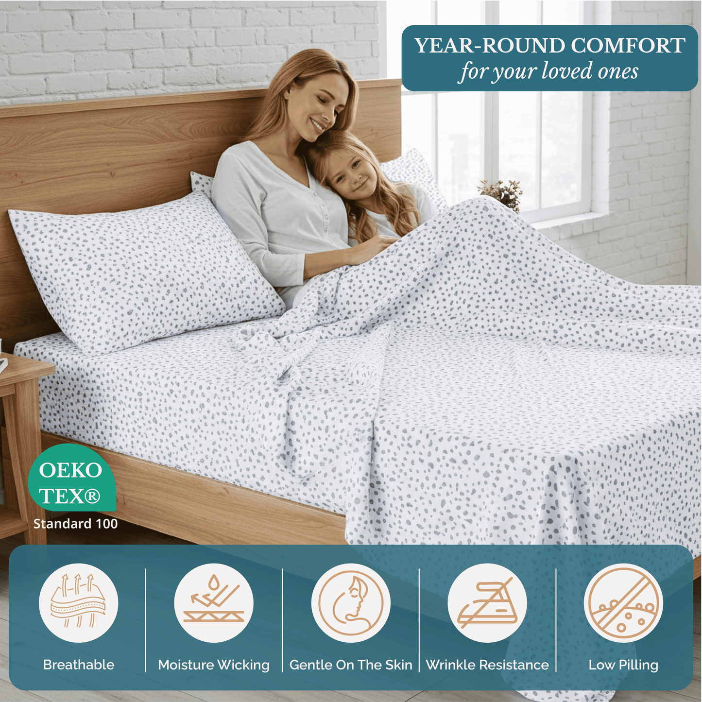 Washed Microfiber Sheet Set cp-gallery: color=White Base Grey Dot; size=Split King